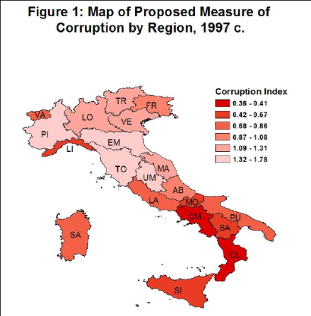 Golden, map of corruption by region, Italy
