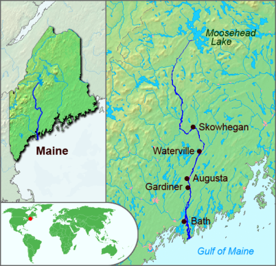 The border between Acadia and New England, as claimed by the French, was the Kennebec River, seen here on a map of modern Maine