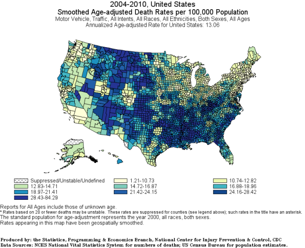 All Race Age-Adjusted traffic death rates county 2004-2010