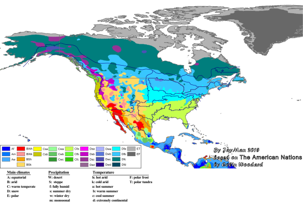 Major climatic zones of North America with the American nations superimposed